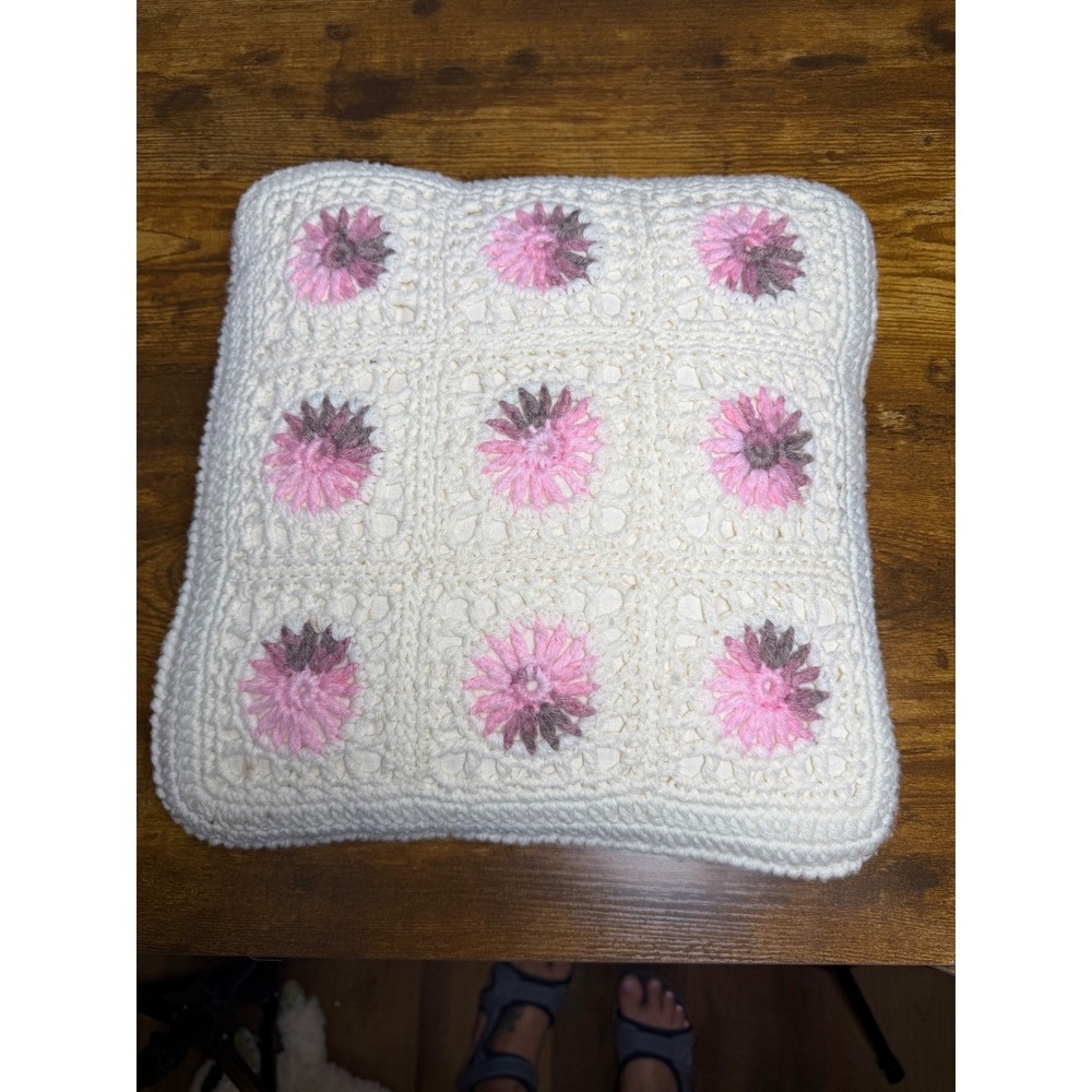 Handmade Crochet Granny Square Floral Throw Pillow Cream Pink Boho 14x14"